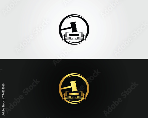 Vector template Black and gold gavel striking open book logo on white and black backgrounds justice