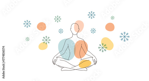 Minimalist illustration of a person meditating in lotus position, surrounded by abstract shapes and floral elements. Ideal for promoting mindfulness, wellness, and holistic health practices.