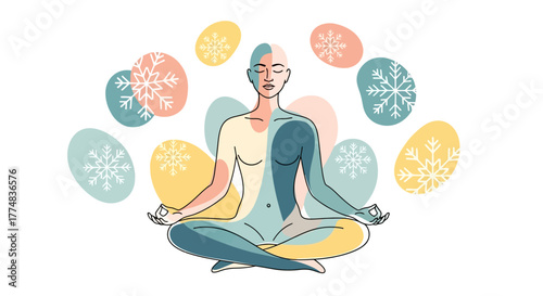 Meditative Figure in Lotus Position Surrounded by Abstract Shapes Promoting Wellness and Mindfulness for Mental Health Campaigns