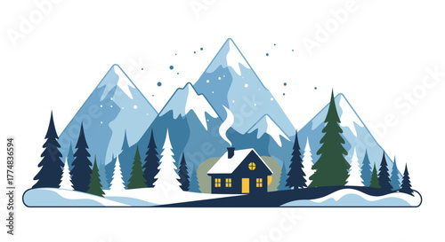 Cozy Cabin Retreat in Winter Landscape Illustration, Perfect for Holiday Greetings, Vacation Rentals, and Winter-Themed Promotional Material Design
