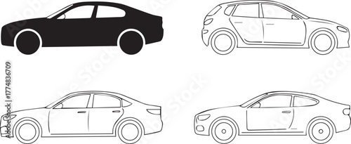 car four silhouettes sedan hatchback coupe vector outline pack