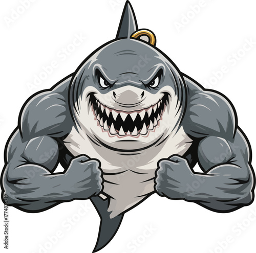 Aggressive muscular shark with a menacing grin and clenched fists, ready for a fight