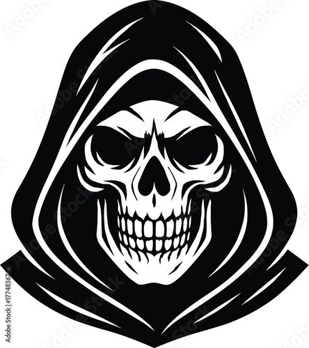 Grim reaper skull in a hooded cloak, representing death, fear, and the unknown