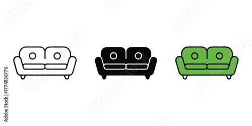 sofa minimalist two-seater sofa set outline solid green vector pack