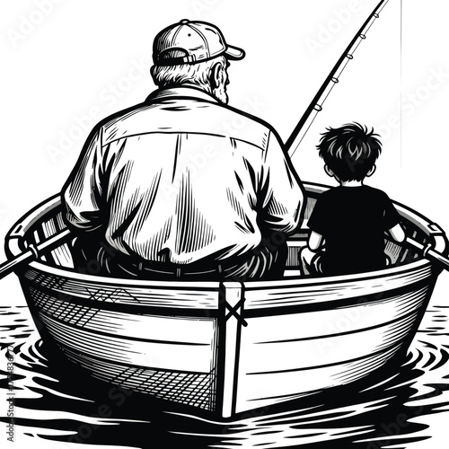 Elderly man and young boy in a rowboat, enjoying a peaceful fishing trip on the water
