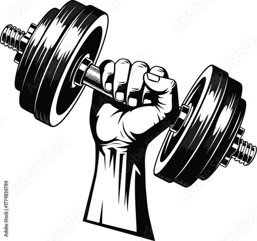 Strong fist holding a heavy dumbbell, isolated on white background