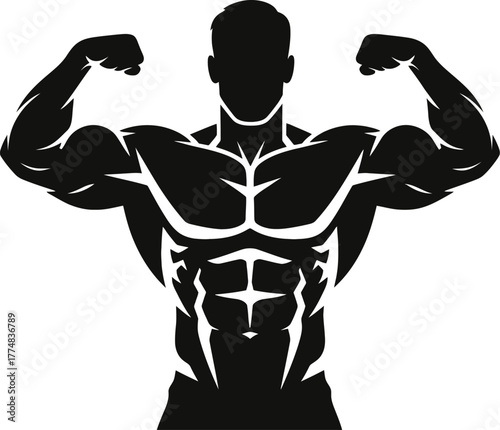 Silhouette of a muscular bodybuilder flexing biceps, isolated on white background