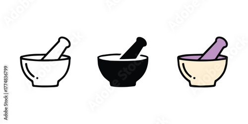 mortar variations three flat mortar and pestle icons for branding