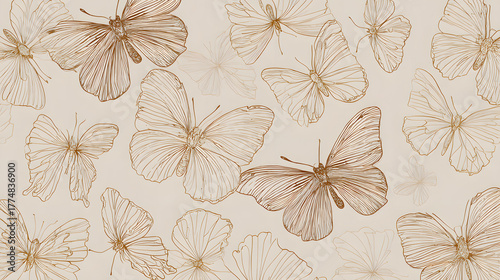 Scandinavian-style butterfly background, thin outline border, neutral beige palette, delicate line art butterflies, minimalist pattern.
