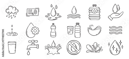 Water doodle hand drawn icons set. Water drawing sketch signs 