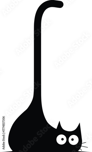 Funny black cat with a very long neck stretching upwards