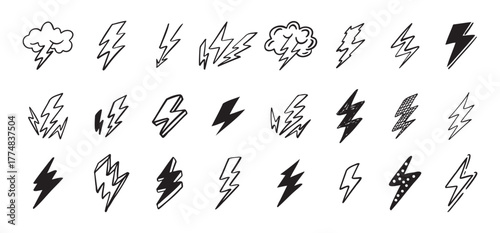 Doodle set lightning line art. Hand drawn lightning icons