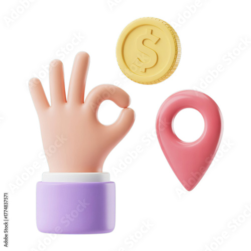 Cartoon hand showing ok sign with dollar coin and location pin isolated on transparent background 3d render