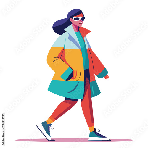 Fashionable woman in a colorful striped coat and sunglasses walks confidently