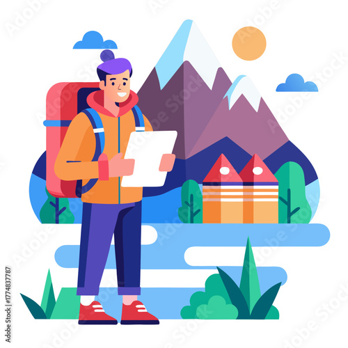 Young traveler with backpack and map exploring a scenic mountain landscape with colorful houses