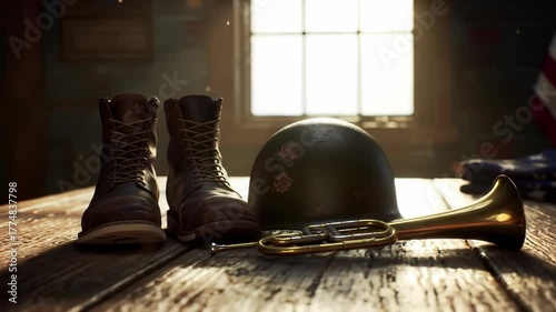 Veterans Day Calm Moment: Honoring Service and Remembrance with Military Boots, Helmet, Bugle, and American Flag