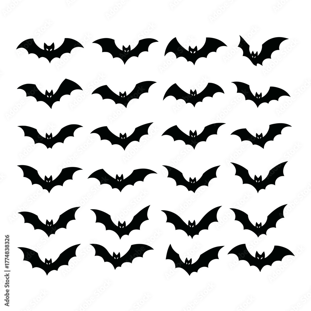 Fototapeta premium A collection of diverse bat silhouettes in various flying poses for halloween decorations