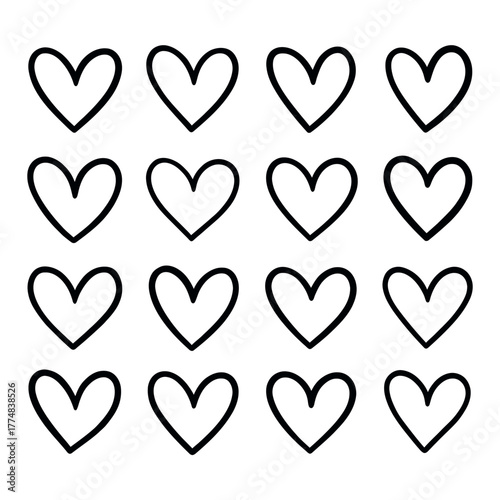 A repeating pattern of hand drawn outline hearts in a grid formation silhouette