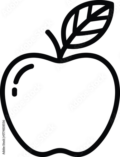 A simple black outline illustration of a ripe apple with a single green leaf attached presented on a clean white background for versatile design applications