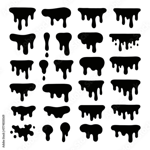 Collection of black dripping paint splatter and blob shapes silhouette