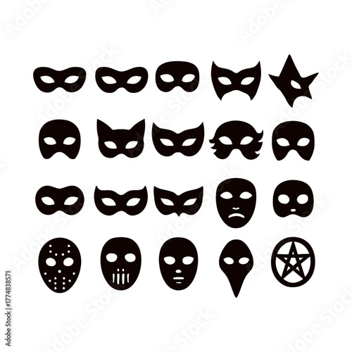 Collection of diverse black silhouette masks and symbols on a light background