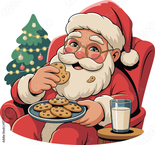 Cartoon Santa Claus Eating Christmas Cookies and Milk by the Tree Vector