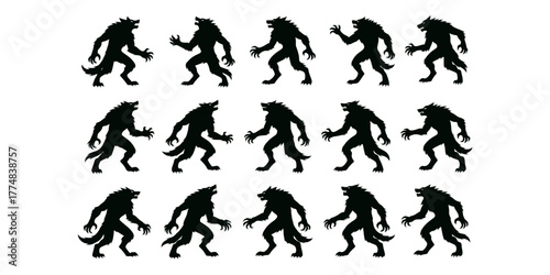 Collection of fifteen distinct werewolf creature silhouettes in various poses and movements silhouette