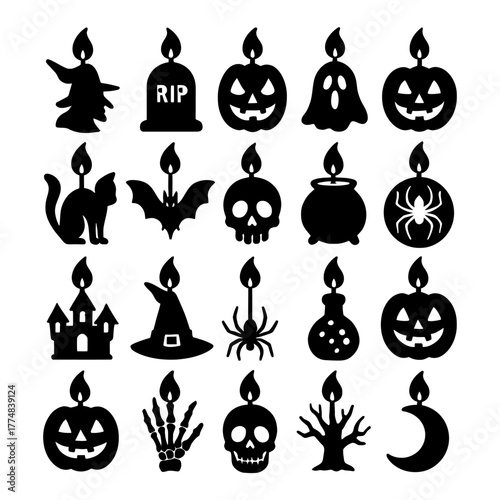 Collection of spooky halloween themed silhouette icons featuring pumpkins ghosts skulls bats and more