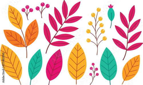 Collection of colorful autumn leaves and berries in a whimsical hand drawn style