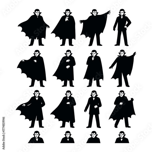 Collection of vampire silhouettes in various poses demonstrating dramatic capes and gothic attire