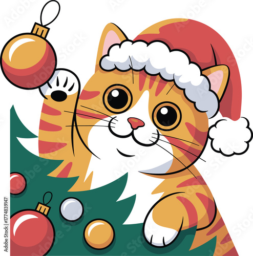 Cute Cartoon Ginger Cat in Santa Hat Decorating Christmas Tree with Ornament Vector