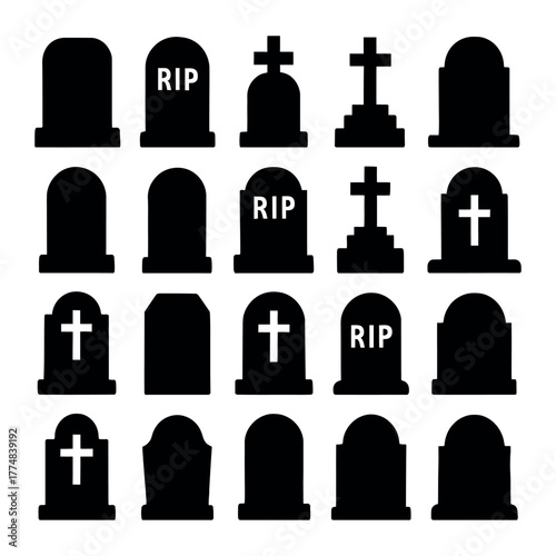 Collection of various gothic tombstone and gravestone silhouettes for halloween or cemetery themed designs silhouette