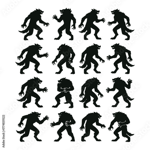 Collection of werewolf silhouettes in various poses and actions silhouette