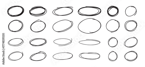 Highlight oval circle hand drawn doodle frames. Free pencil round lines. Round brush mark.