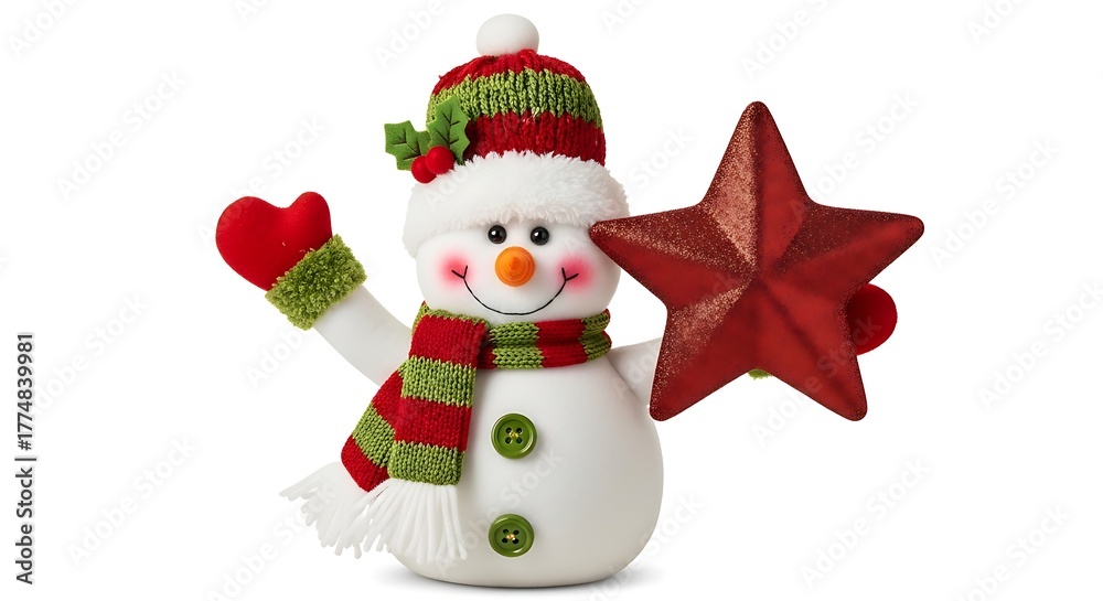 Fototapeta premium Cute christmas snowman with red star and festive scarf and hat