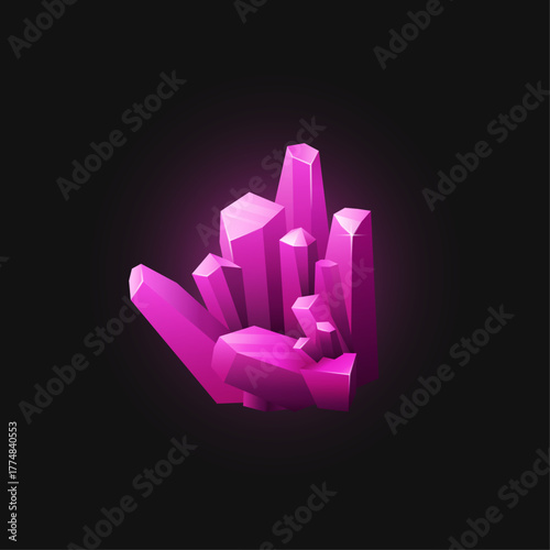 Vibrant pink gemstone cluster radiating mystical light on a dark background, showcasing unique crystalline forms