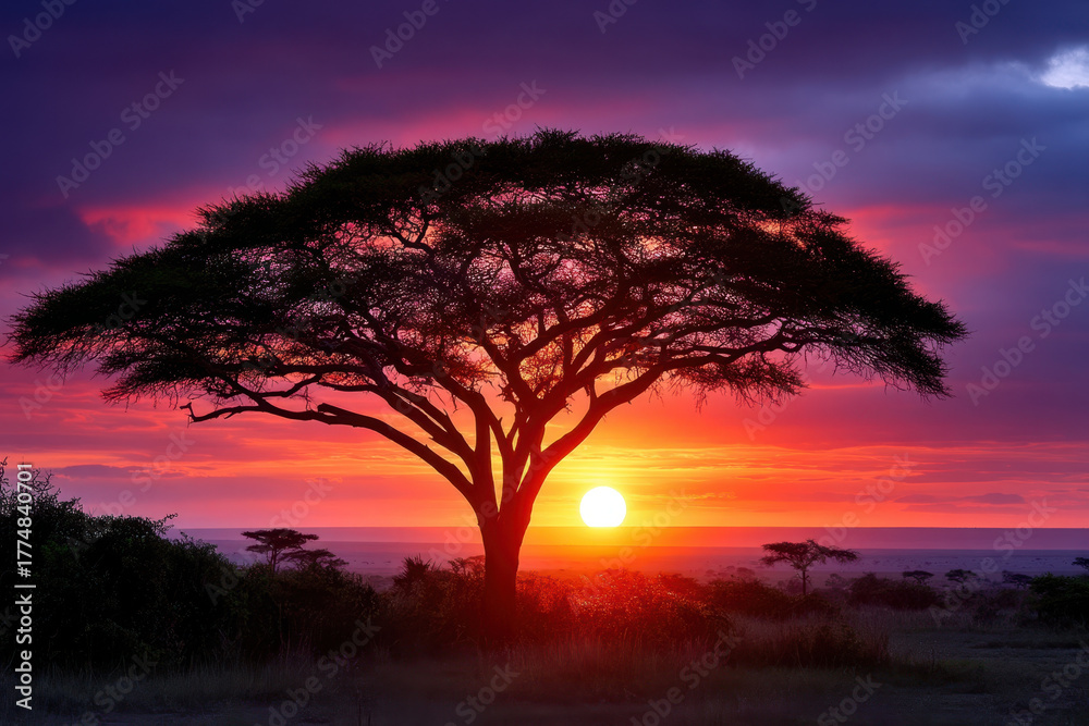 Fototapeta premium Majestic acacia tree silhouetted against a vibrant African sunset over the savanna