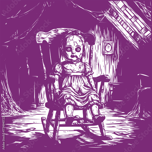 Creepy Doll Sitting In A Rocking Chair In An Attic haunted doll old doll