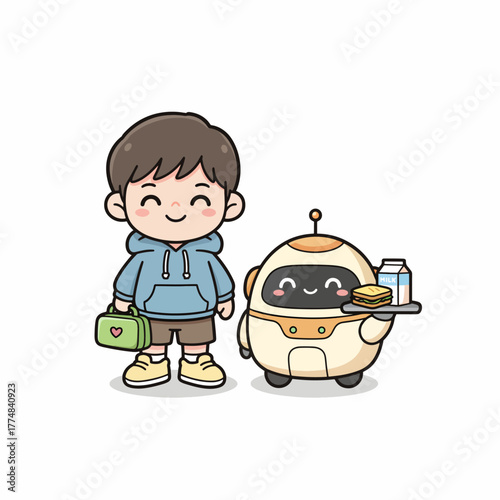 Cute Boy and Robot Friend Ready for Lunchtime