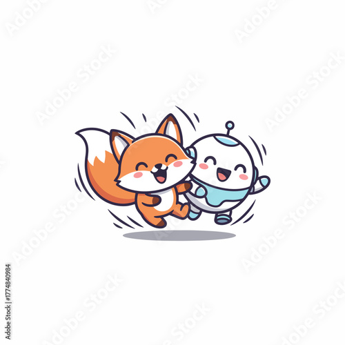 Cute little fox and friendly robot jump together