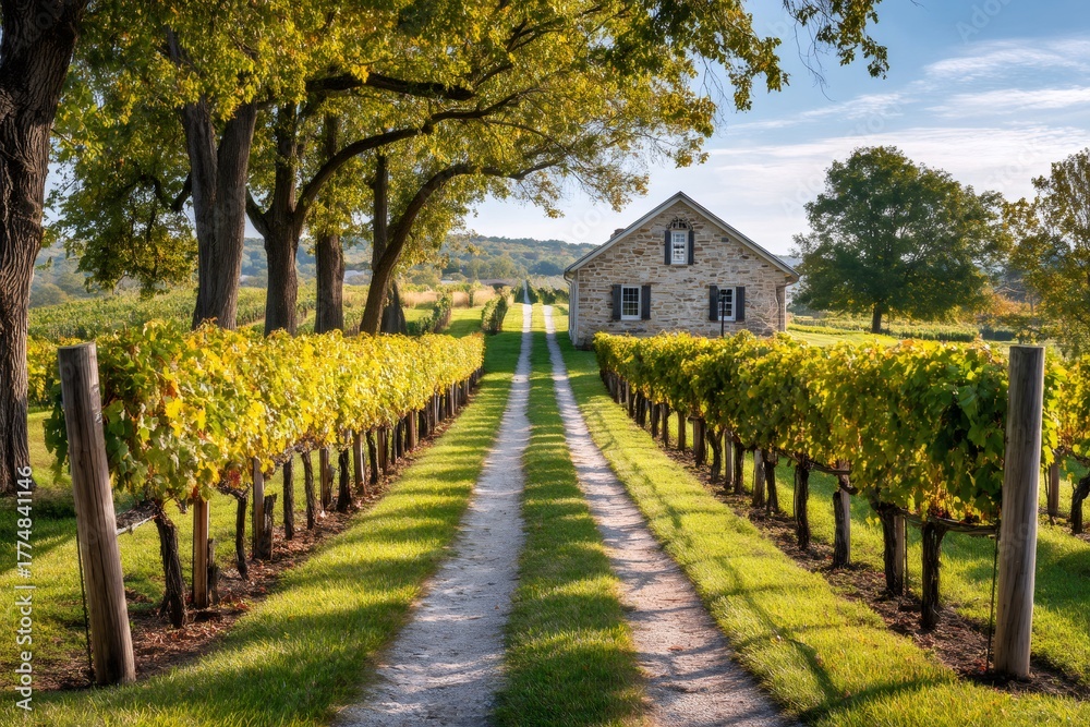 Fototapeta premium Vineyard stone house with long gravel path
