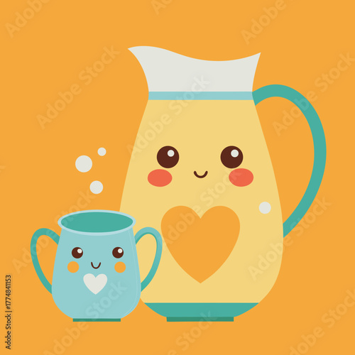 Cute cartoon jug and a cup with kawaii faces isolated on orange background