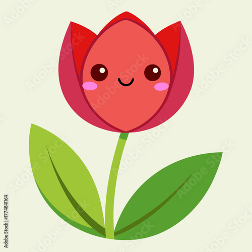 Cute red tulip flower with a smiling face and pink cheeks on light background