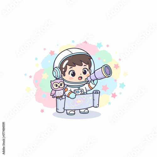 Cute child astronaut explores galaxy with wise owl