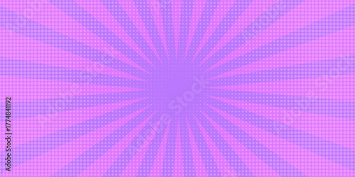 Purple radial dotted comic background. Speed lines wallpaper with pop art halftone texture. Anime cartoon rays explosion backdrop for poster, banner, print, magazine, cover. Vector illustration