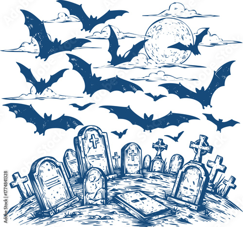 Halloween Cemetery Scene with Bats Flying Under a Full Moon graveyard tombstone