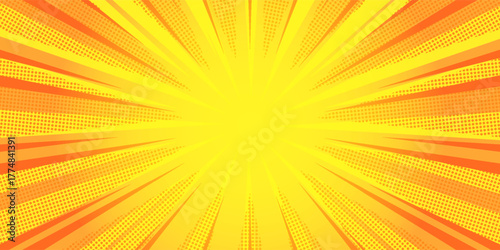 Dynamic anime explosion background with radial comic speed lines and halftone dots - bright burst effect radiating from center for manga panels, action scenes, superhero graphics or retro pop art.