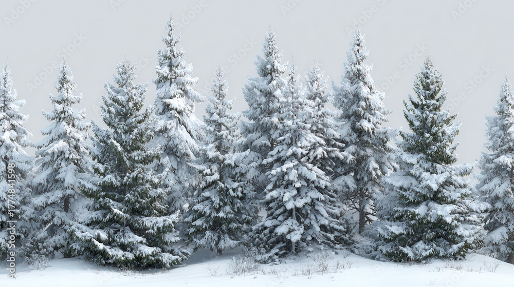 Fototapeta premium snowy fir trees realistically rendered in 3d standing against transparent background