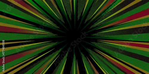 Hyper jump and green lights. Stars explosion. Speed background. Green dynamic motion lines.