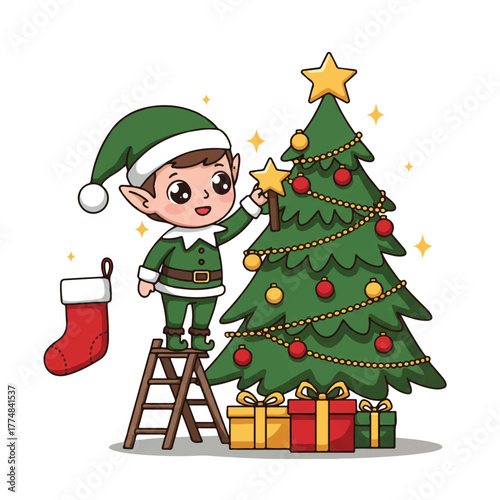 Cartoon elf decorating a Christmas tree with presents and a stocking nearby on a white background